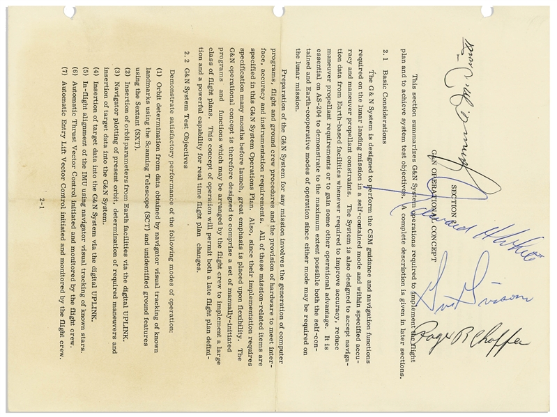 Computer Space Document Signed by Apollo 1 Astronauts Gus Grissom, Ed White & Roger Chaffee -- Also by James McDivitt